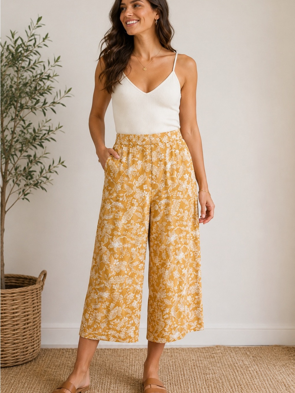 Haver + Blair Mustard Floral Culotte Pants Linen Blend Wide Leg Small